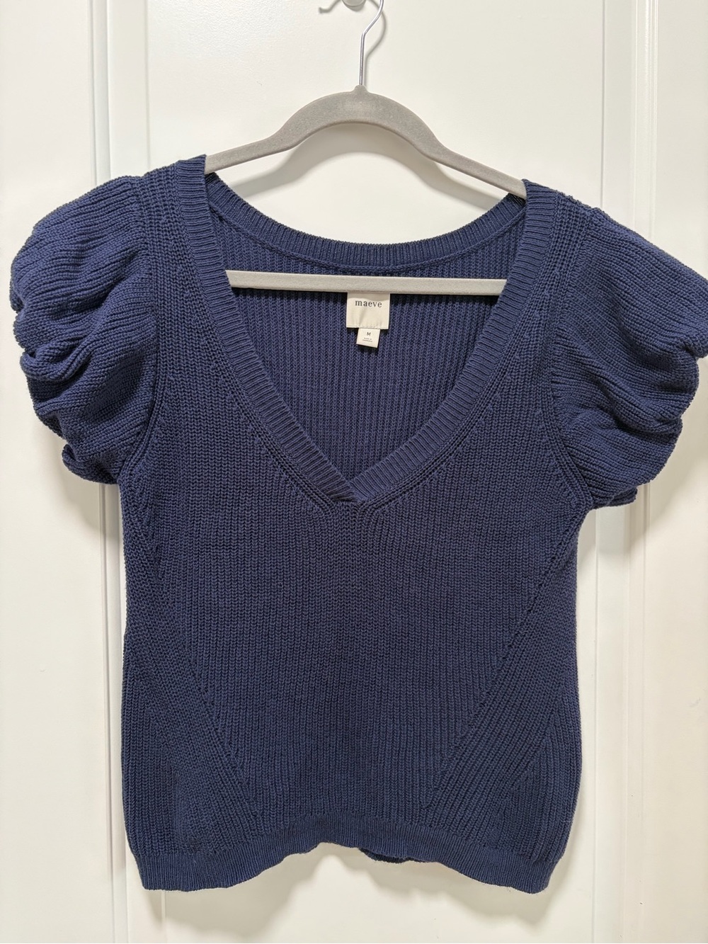 Anthropologie Navy Blue Puff-Sleeve V-Neck Sweater